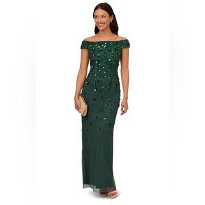 Adrianna Papell stunning Embellished Off-Shoulder Dress emerald gown